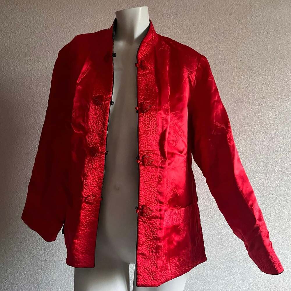 Reversible Chinese Tang Jacket Red Black Satin Brocade Floral Frog Closure